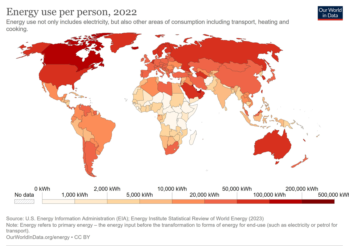 Grafische Weltkarte: Der Energieverbrauch in den einzelnen Ländern ist rot markiert.