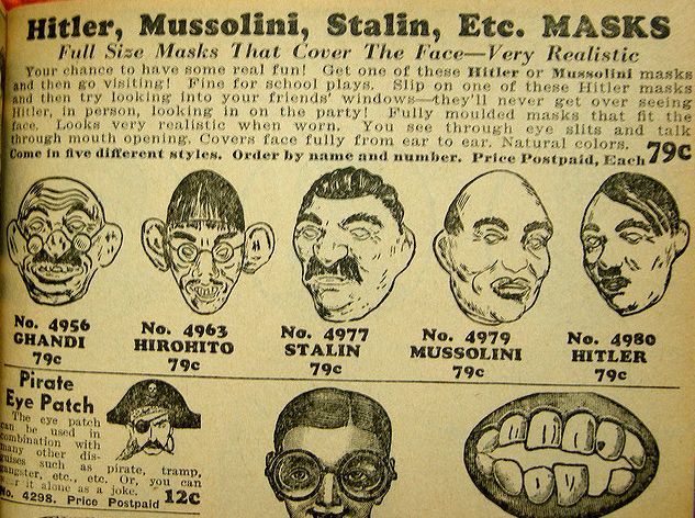 Ausschnitt aus einer Zeitschrift. Karikaturistische Zeichnungen der Köpfe verschiedener Diktatoren wie zum Beispiel Stalin und Mussolini.
