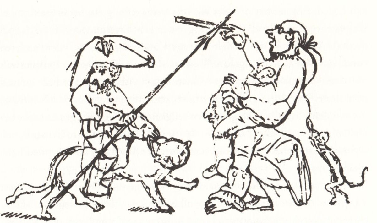 Zeichnung zweier reitender Männer. Einer mit großem Hut auf einem Kater, der andere mit Brille ung Glaze auf einem dritten Mann. Sie stehen sich mit Lanze und Schusswaffe gegenüber.