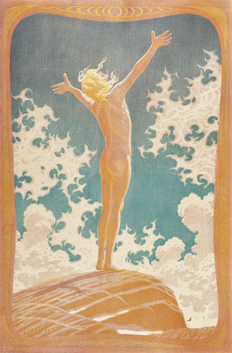 Cover: „Lichtgebet“, Farblithographie von Fidus (Hugo Reinhold Karl Johann Höppener), ein bedeutender Vertreter der Lebensreform, von 1913. Quelle: Wikimedia Commons gemeinfrei