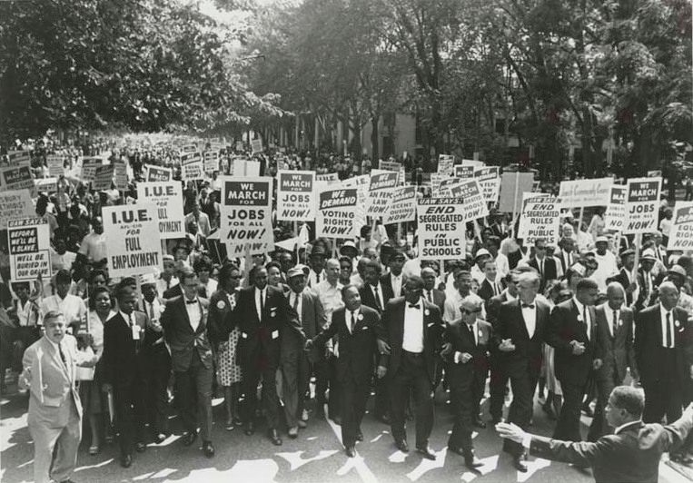 Photographer: unknown, March on Washington for Jobs and Freedom, Martin Luther King, Jr., and Joachim Prinz pictured in the middle, Washington, D.C. Source: Wikimedia Commons (public domain)