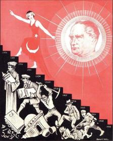 Ein gezeichnetes Plakat, das eine Frau im roten Kleid mit türkischen Halbmond zeigt, die eine Treppe hochsteigt. Rechts neben ihr leuchtet wie eine Sonne der Kopf Atatürks, links unter der Treppe werden Szenen aus der türkischen Geschichte gezeichnet.
