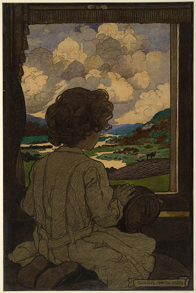 Zeichnung eines Kindes, das durch ein Zugfenster die Landschaft betrachtet / Drawing of a child looking at the landscape through a train window