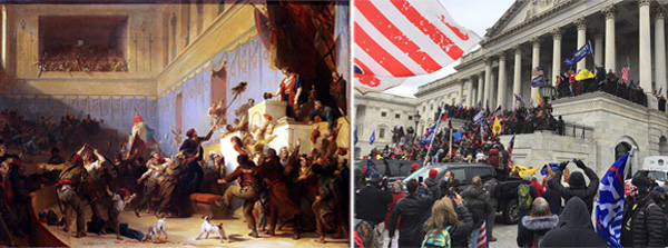 Paris 1795 (Gemälde: Alexandre-Évariste Fragonard) und Washington 2021 (Foto: TapTheForwardAssist), Wikimedia Commons CC BY SA