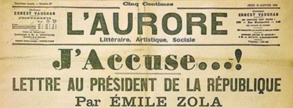 Front page cover of the newspaper L’Aurore, Thursday 13 January 1898, Source: Wikimedia Commons (Public Domain)