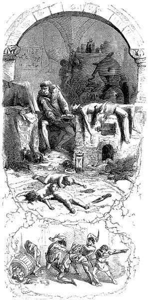 Jean Antoine Valentin Foulquier 1862, Gilles de Laval Lord of Rais performs sorcery on his victims, First Gallery, Quelle: [http://commons.wikimedia.org/wiki/File:Gilles_de_Rais_murdering_children.jpg?uselang=de Wikimedia Commons] ([http://en.wikipedia.org/wiki/Public_domain?uselang=de gemeinfrei]).