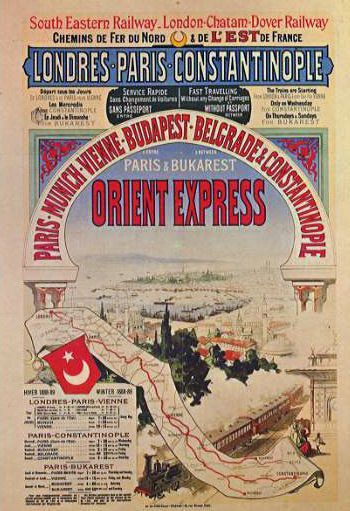 Imaginäre Geografien: Der „Orient”, den die legendäre Zugverbindung durchquerte, war eigentlich der Balkan; der Endbahnhof lag nämlich auf der europäischen Seite Istanbuls. Werbeplakat des Orient-Express aus dem Jahr 1888. Quelle: [https://retours.eu/en/19-orient-express-posters/# retours] / [http://commons.wikimedia.org/wiki/File:Aff_ciwl_orient_express4_jw.jpg Wikimedia Commons] ([http://en.wikipedia.org/wiki/Public_domain public domain])