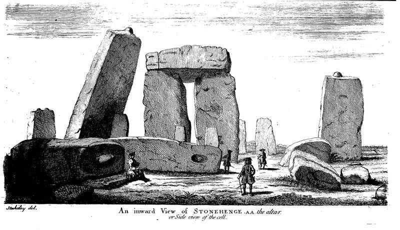 Stonehenge. Zeitgenössischer Stich von Stonehenge in der ersten Hälfte des 18. Jahrhunderts. Blick auf die innere (einstmals hufeisenförmige) Struktur aus Trilithen, also zwei Tragsteinen und einem aufliegenden Deckstein. Quelle: William Stukely, Stonehenge a Temple Restor'd to the British Druids, London 1740.