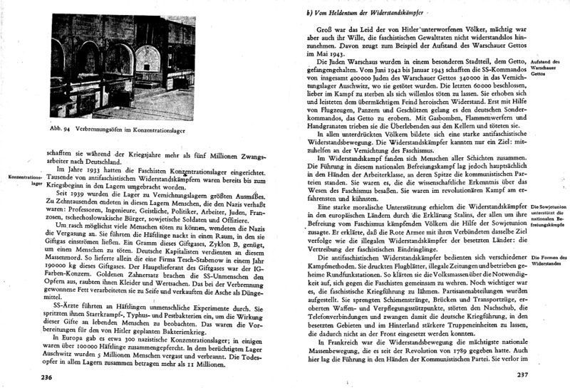 Darstellung des Holocaust in dem DDR-Geschichtsschulbuch „Lehrbuch für den Geschichtsunterricht” von 1955, ©Volk und Wissen Volkseigener Verlag Berlin 1955, S. 236f.