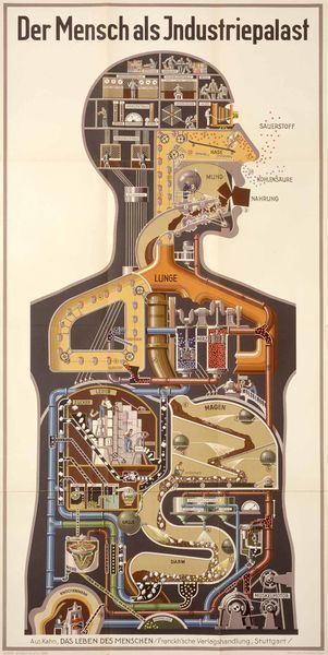 Fritz Kahn, Der Mensch als Industriepalast, 1927. Quelle ([https://creativecommons.org/licenses/by-nc-sa/2.0/ CC BY-NC-SA 2.0]): [http://www.flickr.com/photos/44124365621@N01/4423763115/in/photolist-7JUWDR-cCehFQ-8ijGv3-ck9LXf-ck9Nnw-jiedz1-e7runz-e7xaH5-e7xaQ1-9StCRd-9SqKY2-9SqwRM-9StnXS-9Stqjf-9SqETr-9Sqsxn-9StByE-9StFyw-9SqrXX-9Styhw-amRRFm-ck9T8Y-ck9YrU-ck9QMd-ckagJQ-ck9S4d-ck9UeL-ck9KHu-ck9V7d-ck9JMu-ck9U1Q-ck9PuU-ck9Uab-ck9TCW-8Pomnt Flickr].
Die Schautafel „Der Mensch als Industriepalast“ von Fritz Kahn aus dem Jahr 1927 zeigt einen menschlichen Oberkörper als aufgeschnittenen Torso. Anstelle des freigelegten Einblicks in die Organe und Gewebe ist ein komplexes Ensemble technischer Anlagen zu erkennen, das durch Röhren und Schläuche miteinander verbunden ist und von einer mehrstöckigen Kontroll-, Kommando- und Kommunikationszentrale in Gestalt des Kopfes dirigiert wird. Besondere Zuspitzung erfuhr die Bildtechnik der Darstellung der Sinnesfunktionen, in denen Kahn auf die neuesten technischen Medien und Kommunikationstechnologien wie Kamera, Telefon, Radio und Film rekurrierte. 
Kahns Schautafeln waren Analogiebildungen von Körper und Technik. Sie waren keineswegs eingängige Abbildungen komplizierter naturwissenschaftlicher Vorgänge, sondern vielmehr Projektionen der urbanen und industriellen Moderne in den menschlichen Körper hinein. Langfristig wirkten sie prägend auf den Stil medizinischer Abbildungen insgesamt wie auf die Werbegrafik der Zeit. Als Medien der Darstellung erschöpften sich Kahns Bildkonstruktionen nicht in der Funktion einer bloßen Illustration von Vorgängen und Zuständen, sie waren vielmehr selbst wiederum „Akteure dieser als Hybridisierung skizzierten Konzeptualisierung“ (Cornelius Borck). 
Speziell zur Visualisierung physiologischer Funktionszusammenhänge hatte Kahn eine Bildsprache entwickelt, die den menschlichen Körper in Analogie zur industriellen und urbanen Moderne in der damaligen Zeit positionierte. Dieses Bildprogramm wurde im Deutschland der Weimarer Republik ebenso verstanden wie in den USA. Seine zwischen Neuer Sachlichkeit und Collagetechnik oszillierende Bildsprache offenbarte zugleich, wie in der Verdichtung von Gesellschaft und Experimentalwissenschaft Natur selbst zum kulturellen Konstrukt geriet. Der zeitgenössische Zwang zur Visualisierung komplexer Zustände und Prozesse generierte ein schiefes Denken in einfachen Bildern, so als ob der menschliche Körper wie eine rationale Fabrik funktionierte – ein fatales Bilder-Denken, an das die Ideen des Nationalsozialismus vielfach anschlussfähig waren.
<br /> 
Zu Kahns Schautafel ausführlich Cornelius Borck, Urbane Gehirne. Zum Bildüberschuss medientechnischer Hirnwelten der 1920er Jahre, in: Archiv für Mediengeschichte 2 (2002), S. 261-271; ders., Der industrialisierte Mensch. Fritz Kahns Visualisierungen des Körpers als Interferenzzonen von Medizin, Technik und Kultur, in: WerkstattGeschichte 47 (2008), S. 7-22.