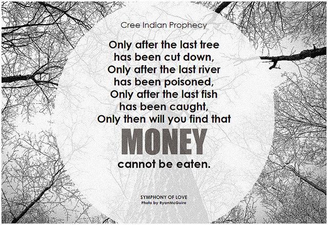 „Cree Indian Prophecy“<br />
Photo: BK, Original Photo Credit: Ryan McGuire: Symphony of Love, November 17, 2014, source: [https://www.flickr.com/photos/pictoquotes/15622882189/in/photolist-pNxmzK-bVNaAJ-4Xw3YM-dMCaxt-3NEdY-bVFpih-4Xw3Zc-bvjYuQ-bvjYtA-bvjYq5-p27VuA-fKg4QL-nsXidn-w5tw8y-hsQPvC-7yiARk-ctSRiE-4pnZBU-vaU9Cz-7iG67z-dNeAMb-7jP1so-6aHTHE-6aDA6e-73reTq-dMCasT-gLkkx9-dcEhEw-dcEfok-5gbu19-dMWkh1-dcEgfP-gdp3T-dtrWrC-dtrVLL-dtrVh1-dtrUTL-dtrUEy-dtrUs7-dtrUk5-dtrU3W-dtrTMu-dGMkFu-bGW4Ut-b4eRJ6-5SC5j1-4rCqXv-anBBMS-4Xw3ZH-pb3vcz Flickr] ([https://creativecommons.org/licenses/by-sa/2.0/ CC BY-SA 2.0]).