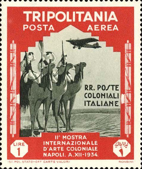 Italian postage stamp from 1934, depicting three men riding through the Libyan Desert, flanked on both sides by the fasces. Source: [https://www.ibolli.it/php/em.php?fr_area=colonie&id=5210 iBolli] (public domain). Source:[https://commons.wikimedia.org/wiki/File:Meharisti.jpg?uselang=de Wikimedia Commons] / [https://www.ibolli.it/php/em.php?fr_area=colonie&id=5210 iBolli] ([https://de.wikipedia.org/wiki/Gemeinfreiheit public domain]).