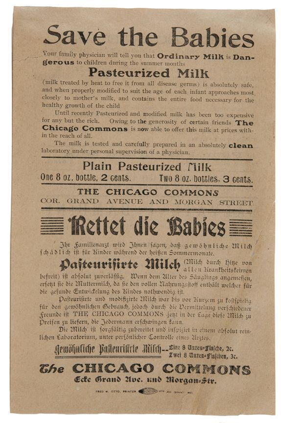 Bereits im späten 19. Jahrhundert war das Interesse, das Kind zu beschützen, ein explizit öffentliches: „Save the Babies”, The Chicago Commons 1902: Information für Familien in englischer und deutscher Sprache. Quelle: [http://dcc.newberry.org/system/artifacts/803/original/Save-Babies-Pure-Milk.jpg The Newberry Digital Collections for the Clasroom, Call Number: Midwest MS Taylor box 58 Folder 2473 Creator: Taylor, Graham, 1851-1938] gemeinfrei