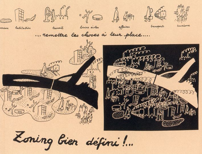 Dies ist ein weiteres zentrales Narrativ des social engineering, hier — untypischerweise gegen die Leserichtung — am Beispiel der französischen Wiederaufbauplanung für Mainz, 1946. Rechts schwarze Flächen, enge und Qualm, wie ein photographisches Negativ, links ist das Negativ entwickelt und die Landschaft hat sich gewandelt: fröhliche Menschen spielen und leben in einer grünen, sauberen Umgebung. Diese Welt kennt keinen Schmutz — und offensichtlich auch keine Arbeit mehr.
Quelle: aus: Sophie Wolfrum/Winfried Nerdinger (Hrsg.), Multiple Cities. Stadtkonzepte 1908-2008, Berlin 2008, S. 44f.