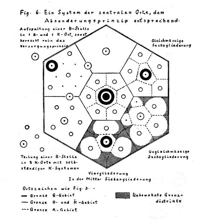 Walter Christallers Abbildung drückt die Sehnsucht des social engineering nach einer „organischen“ Ordnung der menschlichen Gesellschaft aus. Christaller will empirisch eine funktionale Hierarchie der Wohnorte in Süddeutschland festgestellt haben, die er in einer Mischung aus Zell- und kristalliner Struktur visualisierte. Ziel des social engineering war stets die Herstellung einer Homologie sozialer Strukturen mit organischen Strukturen in der Natur.
Quelle: aus: Walter Christaller, Die zentralen Orte in Süddeutschland. Eine ökonomisch-geographische Untersuchung über die Gesetzmäßigkeit der Verbreitung und Entwicklung der Siedlungen mit städtischen Funktionen, Darmstadt 1968 [urspr. 1933], S. 84.