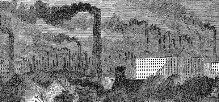 Manchester war eine der frühzeitig industrialisierten Städte Englands. Wenn die Fabriken um die Mitte des 19. Jahrhunderts mit ihren über 500 Schloten qualmten, berührten Rauch und Ruß sämtliche Aspekte des Alltagslebens. Der englische Umwelthistoriker Stephen Mosley beschreibt in „Chimney of the World“, wie sich sogar die Kleidungs- und Möbelmode im viktorianischen England hin zu dunkleren Farben veränderte, um die Anfälligkeit durch Kohlenschmutz zu vermindern. Die Abbildung „Manchester, getting up the steam“ aus der englischen Architektur-Zeitschrift „The Builder“ (1853), nach: Stephen Mosley, The Chimney of the World: A History of Smoke Pollution in Victorian and Edwardian Manchester 2001, public domain