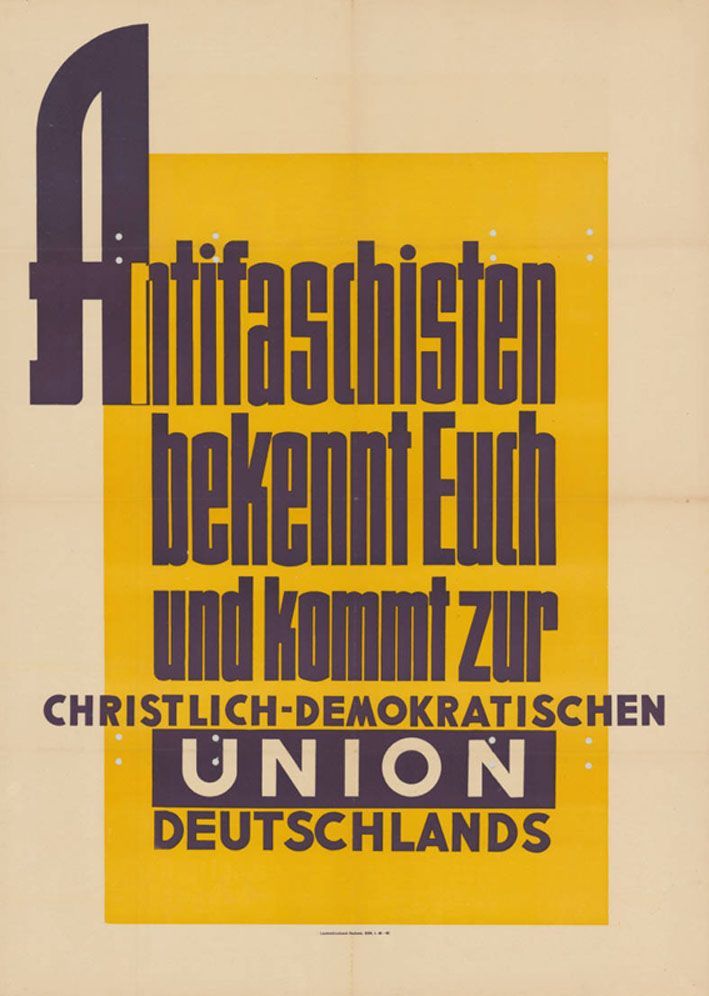 „Antifaschisten bekennt Euch und kommt zur Christlich-Demokratischen Union Deutschlands“, CDU-Plakat SBZ 1946. Während der Begriff „Antifaschismus“ in den Westzonen bald diskreditiert war, bezog er im Osten weiterhin seine Legitimität durch den Kampf gegen den Nationalsozialismus. Quelle: [https://commons.wikimedia.org/wiki/File:KAS-Antifaschismus-Bild-11517-1.jpg Konrad-Adenauer-Stiftung KAS/ACDP 10-024 / Wikimedia Commons],  Lizenz: [https://creativecommons.org/licenses/by-sa/3.0/de/deed.en CC-BY-SA 3.0 DE]