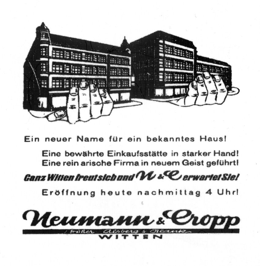 Inserat in der Zeitung „Wittener Tageblatt“, 14. November 1938. Quelle: Hans-Christian Dahlmann: „Arisierung“ und Gesellschaft in Witten. Wie die Bevölkerung einer Ruhrgebietsstadt das Eigentum ihrer Jüdinnen und Juden übernahm, 2. Aufl., Münster 2007