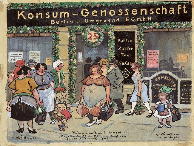 Heinrich Zille, Konsum-Genossenschaft, 1924. „Frida – wenn Deine Mutter ooch in’s ‚Konsum‘ koofte wärste schon lange een kräftiges Kind – sag’s ihr!“ „Gewidmet von Hugo Woyda.“ Quelle: [https://commons.wikimedia.org/wiki/File:Heinrich_Zille_Konsum-Genossenschaft.jpg Wikimedia Commons] [31.08.2020], gemeinfrei