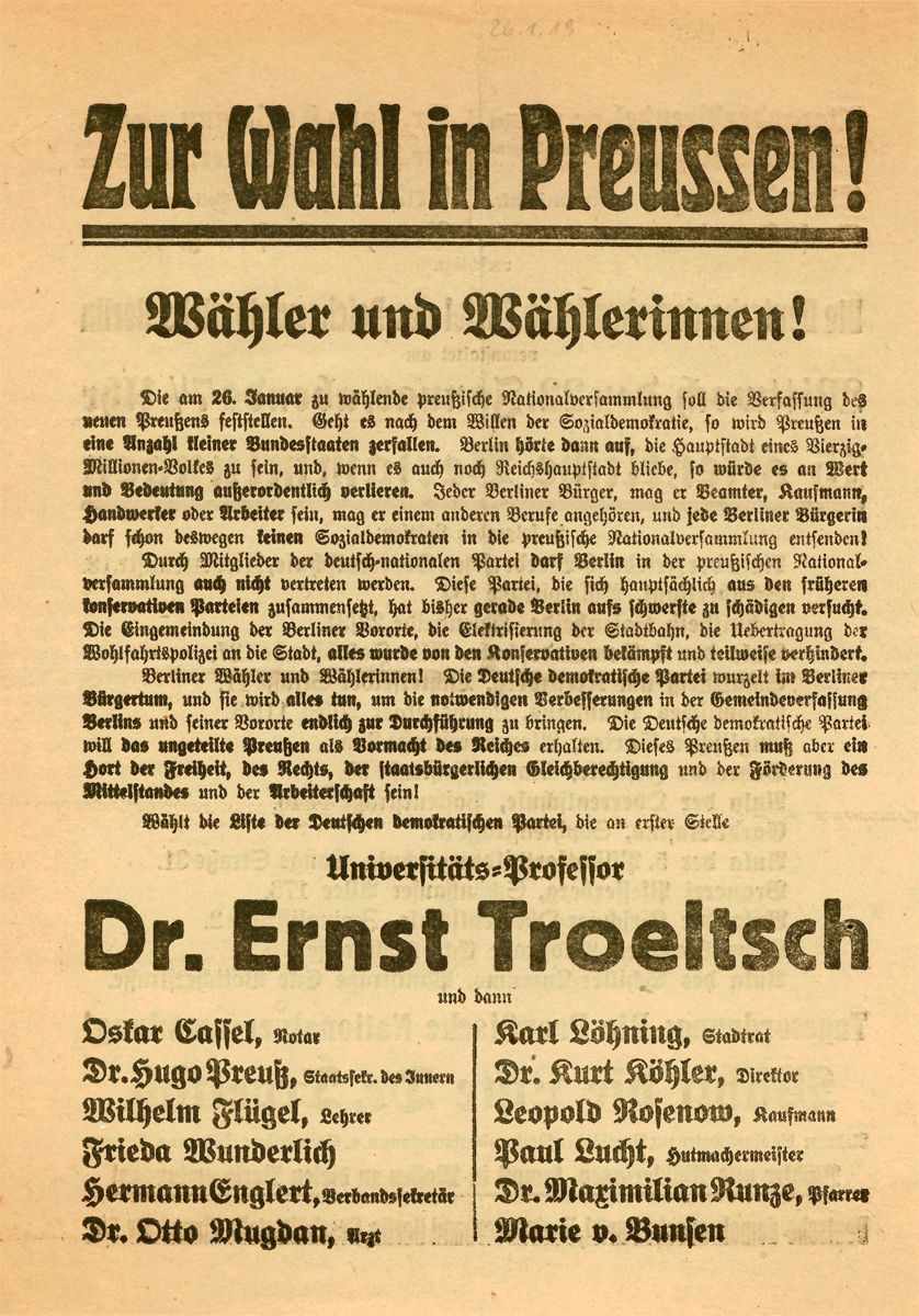 Flugblatt zur Wahl der preußischen Landesversammlung am 26. Januar 1919, Privatbesitz
