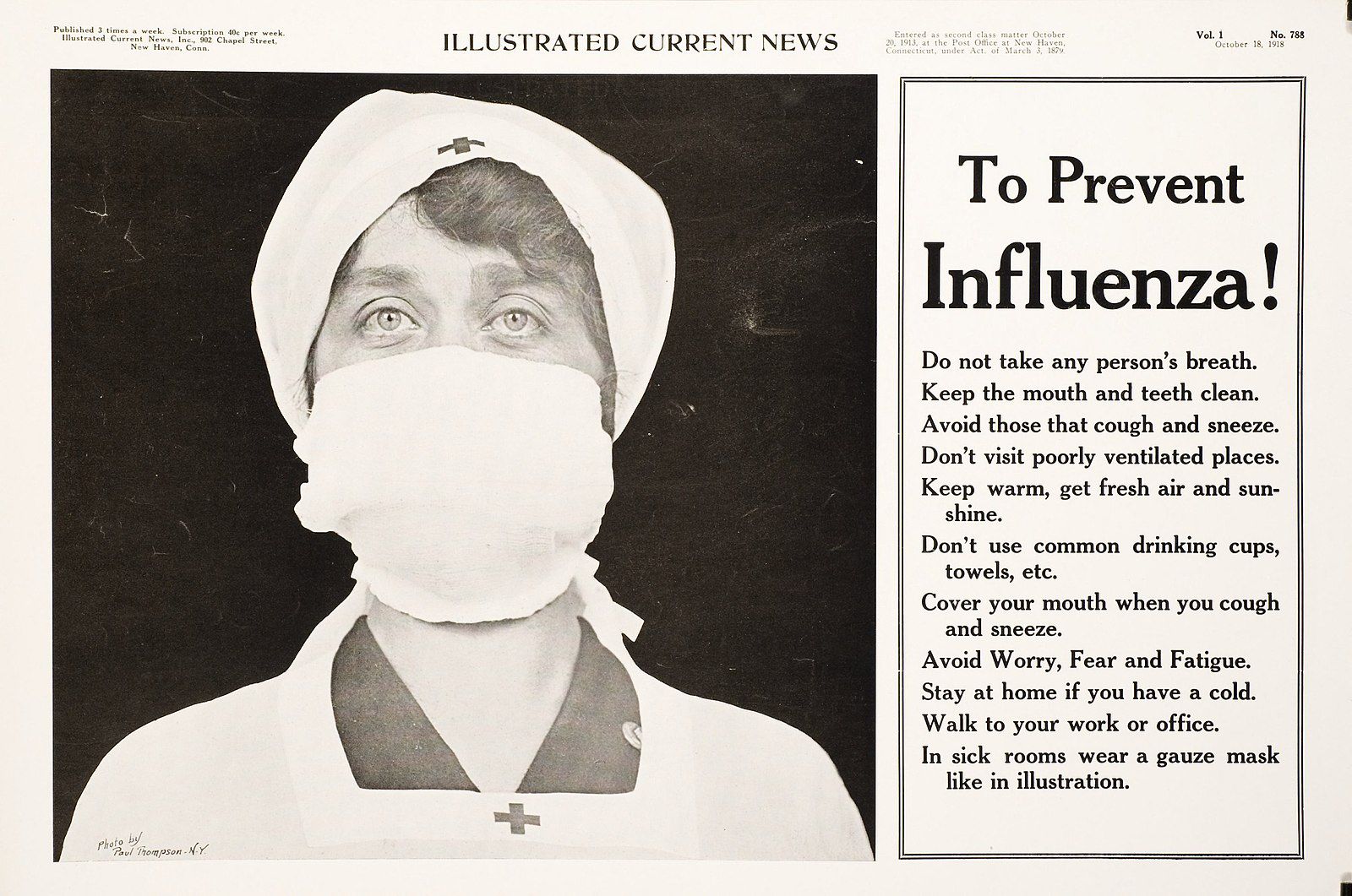 „To Prevent Influzenza!“ Anzeige in: „Illustrated Current News“, 18. Oktober 1918, in der für das Tragen eines Mundschutzes zur Prävention einer Grippe-Infektion geworben wird.<br />Foto: unbekannt. Quelle: [https://circulatingnow.nlm.nih.gov/2015/01/15/influenza-precautions-then-and-now/to-prevent-influenza-a108877/ National Library of Medicine] / [https://commons.wikimedia.org/wiki/File:To-prevent-influenza-a108877.jpg Wikimedia Commons] [15.11.2022] public domain
